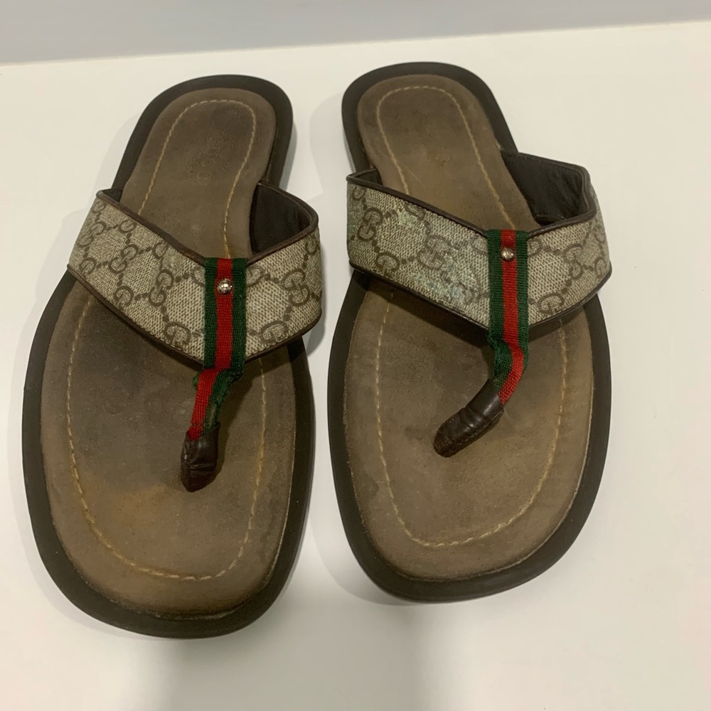 Gucci Beige GG Supreme Men's Flip-Flop Web Thong Sandals 8.5G 9US